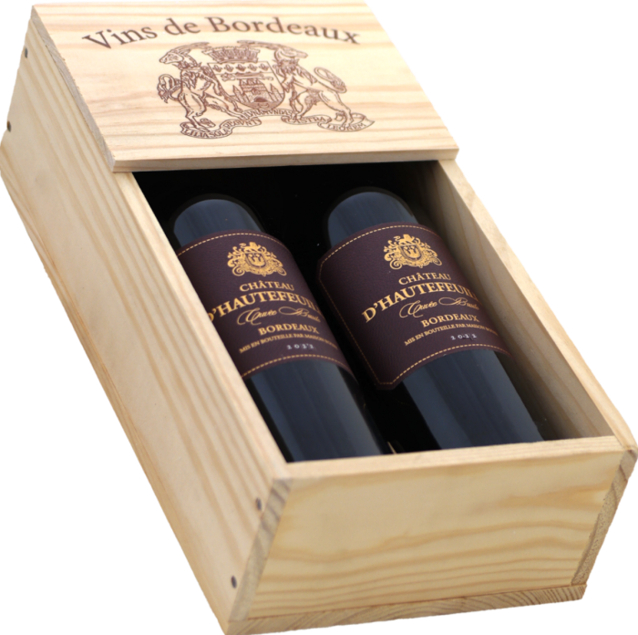 Vins de Bordeaux Chateau D'Hautefeulle 2 x 750ml in houten cadeau kist.